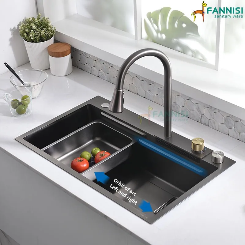 Одночашевая черная стальная кухонная раковина водопад, раковина для кухни, ручная работа, нержавеющая сталь