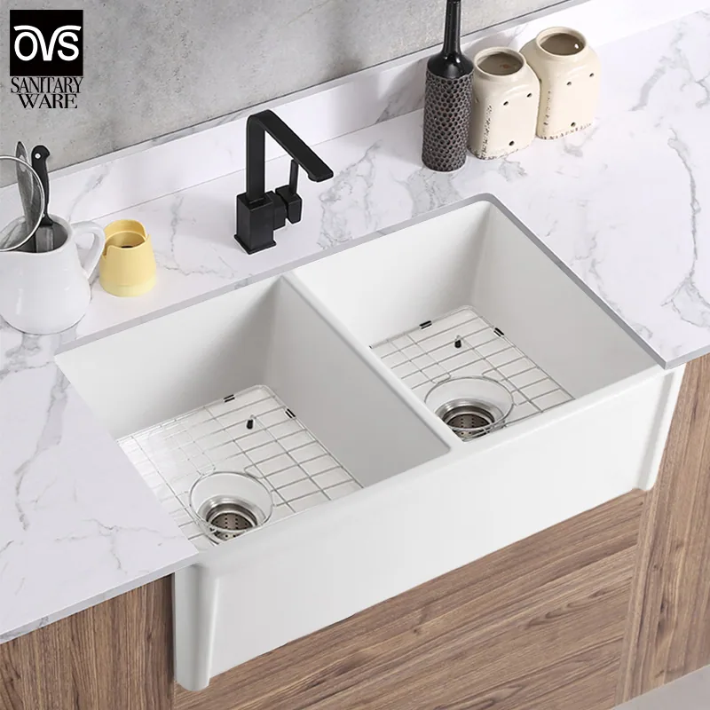 Фабричная цена новая модель фартука двойной чаши керамическая белая фарфоровая кухонная раковина