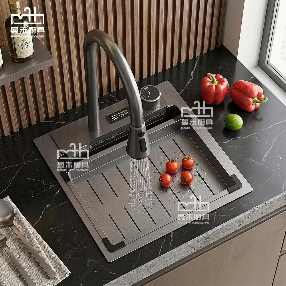 Цифровой дисплей кухонного смесителя с водопадом, рабочая станция, барная раковина, нержавеющая сталь, антрацитовая мойка с одной чашей 380*380mm