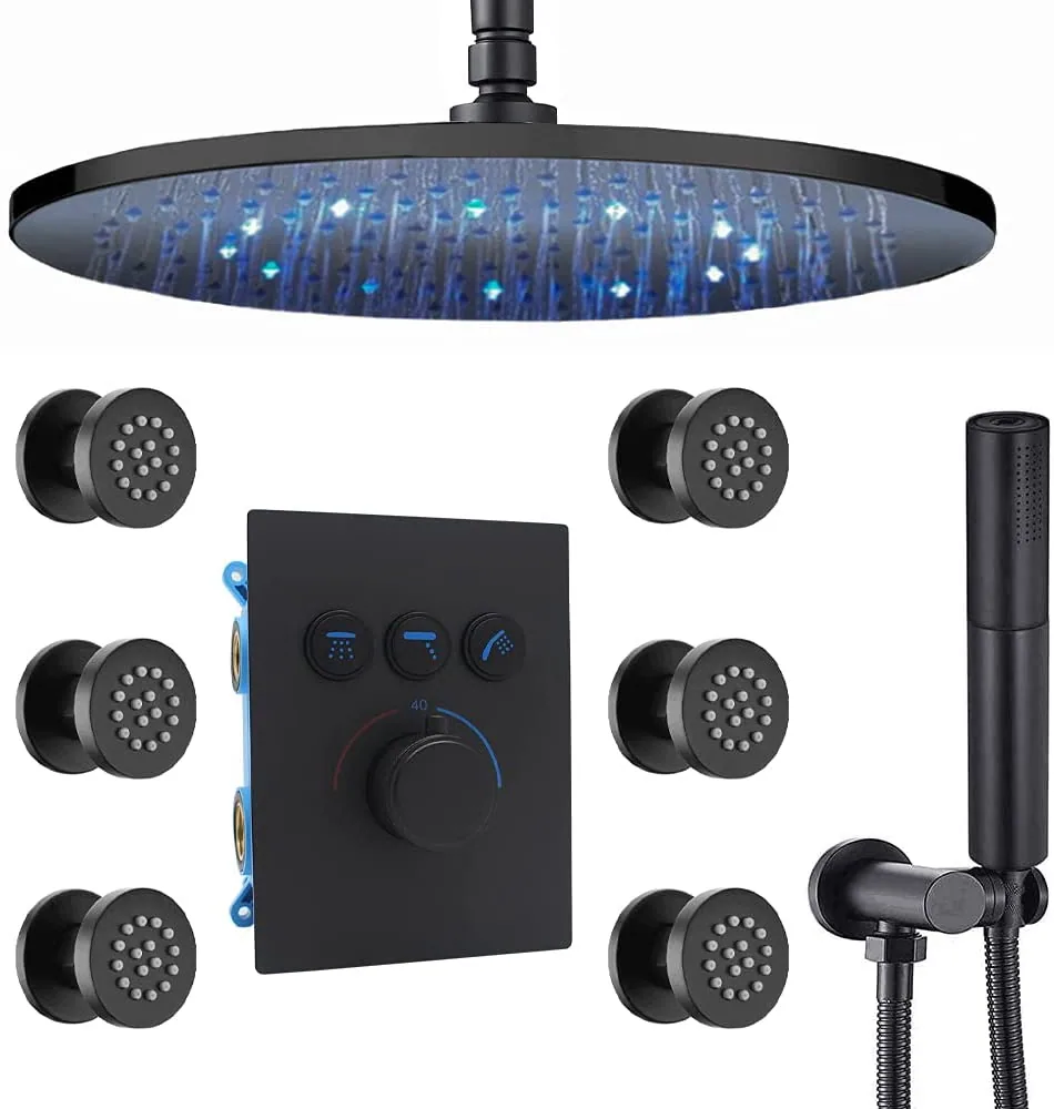 Роскошная 12 дюймовая LED круглая скрытая система душа, потолочный дождевой душевой кран, комплект с душевой головкой и ручным душем с 6 полным распылением струй (матовый черный)