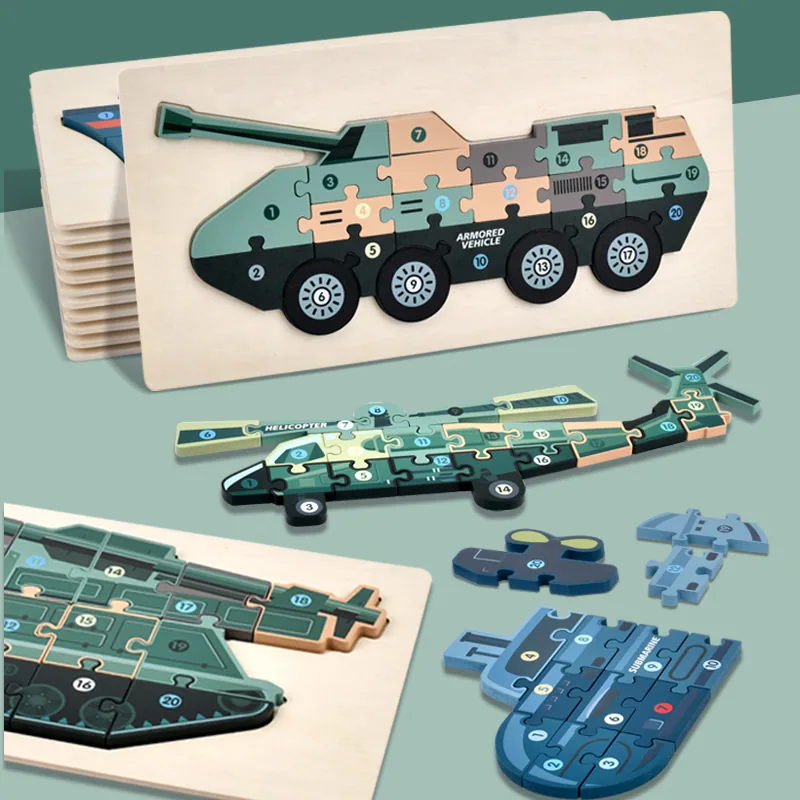Кастомные оптовые 3D деревянные печатные игрушечные военные автомобили головоломка игра на доске