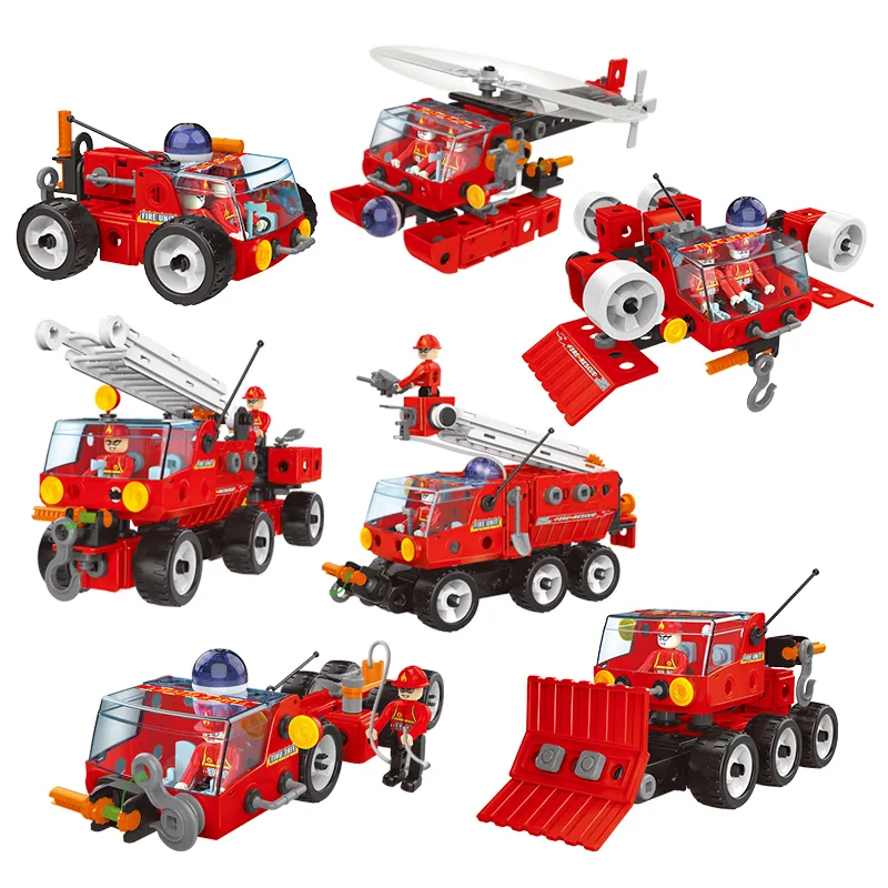 159PCS 7-in-1 Набор строительных блоков игрушек для пожарной службы, развивающий навыки ручной работы у детей, сборка с помощью винтов и гаек, игрушки городского грузовика
