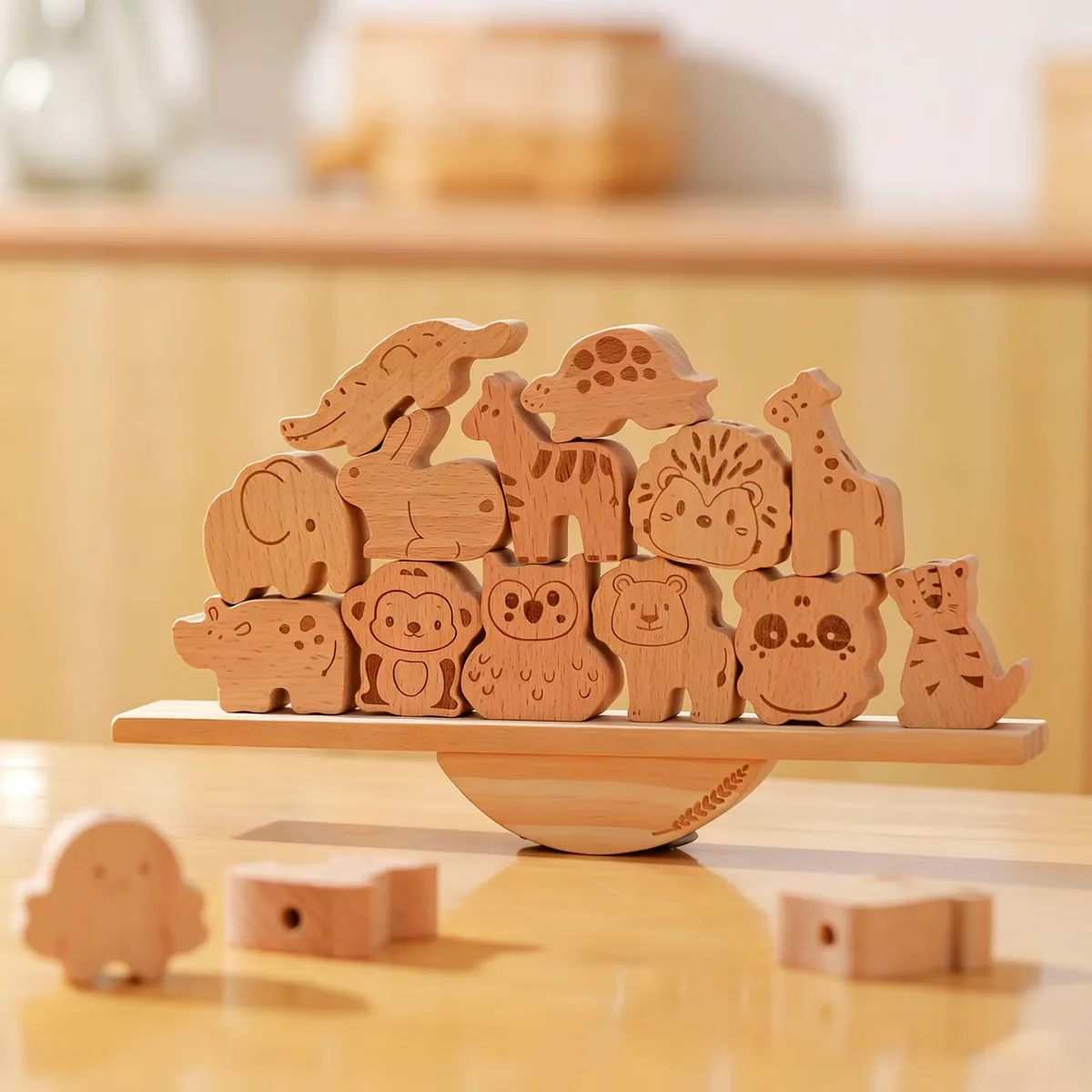 Деревянные бусины для нанизывания животных Montessori, обучающая игрушка для балансировки и stacking для детей