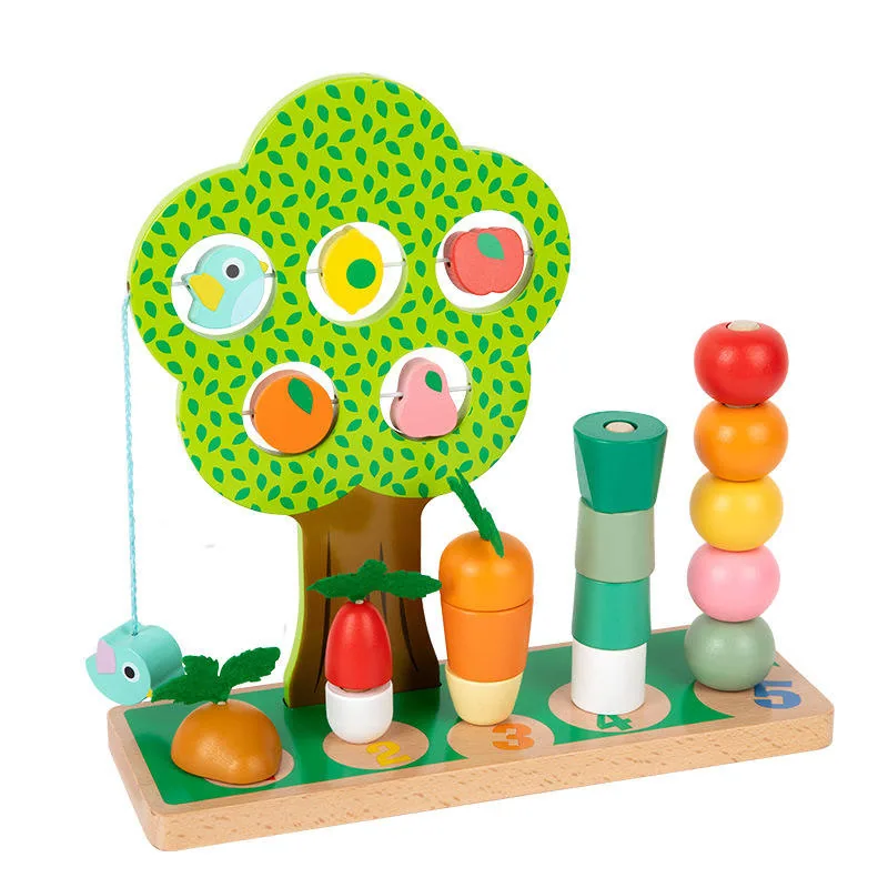 Игра с деревянными овощами на сортировку по цвету и stacking блоками