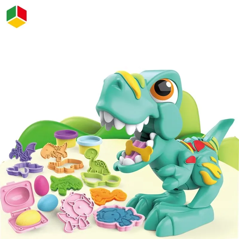 Куклы Qstoys 2022 Новый смешной милый пластиковый зеленый тираннозавр динозавр набор для игры с пластилином для детей, полимерная глина с 6 цветной глиной и инструментом для формовки
