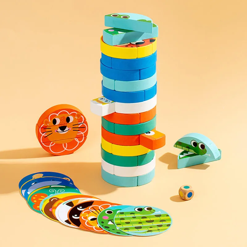 Оптовые цветные башенные блоки, креативные животные, мультяшные stacking головоломки, веселые наборы домино для родителей и детей
