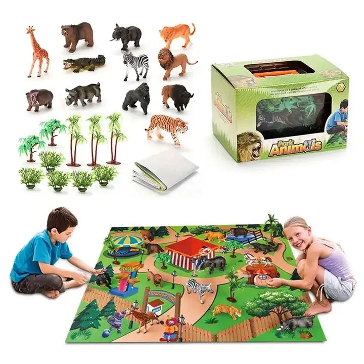 Игровой набор игрушек с динозаврами, фигурки, игровая мат, деревья