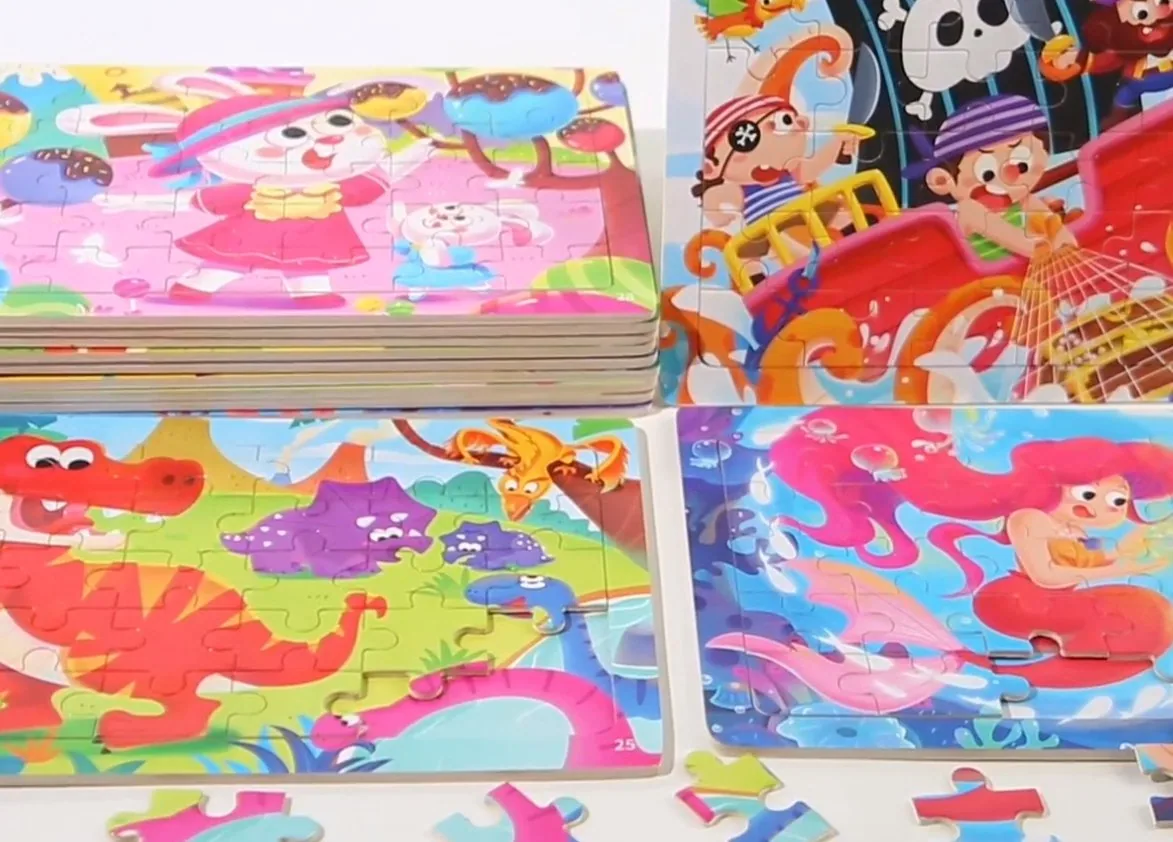 Деревянная головоломка игрушка для детей 30pieces игра с мультяшной печатью DIY образовательная