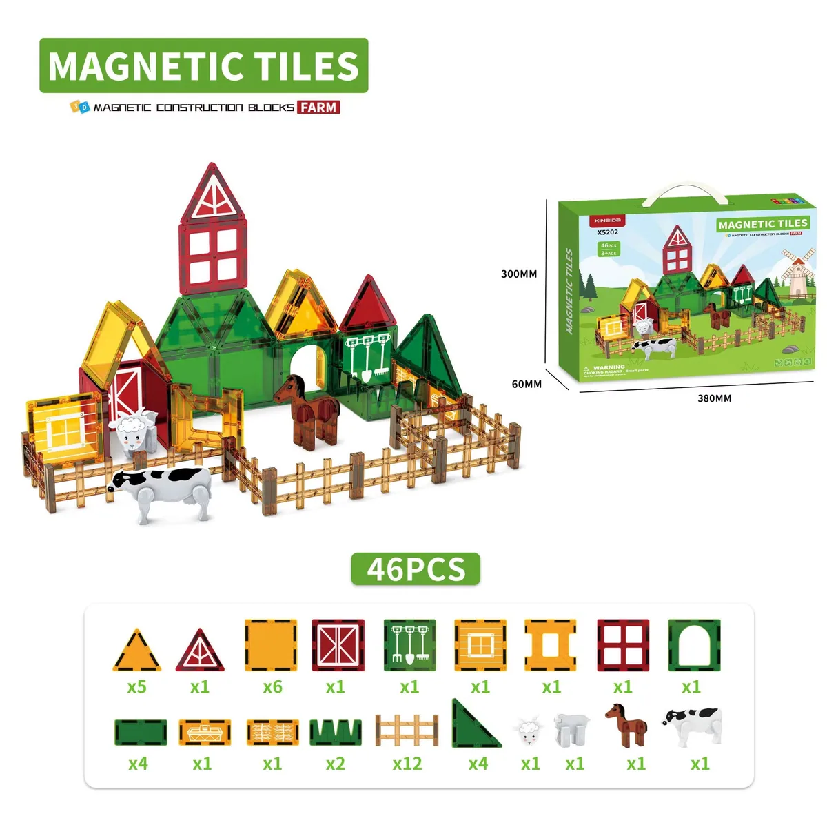 46PCS 3D Фермерские магнитные плитки для детей, наборы строительных блоков DIY с En71 сертификатами, STEM образовательные игрушки