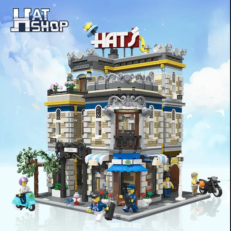 3140PCS Магазин шляп Модульный Уличный Вид Конструктор, Европейская Ретро Архитектура Дом Модель с Минифигурами