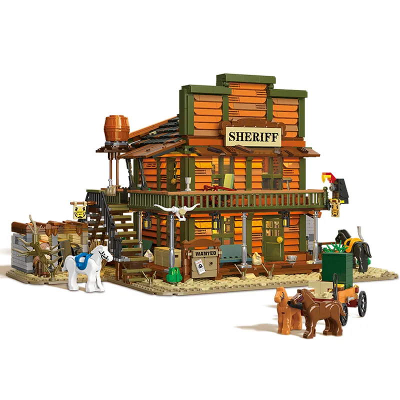 3527PCS Набор игрушек «Шерифский офис» 3 Съемные этажи, светодиодное освещение, декор в стиле Запада, подарок для детей, обучающий STEAM