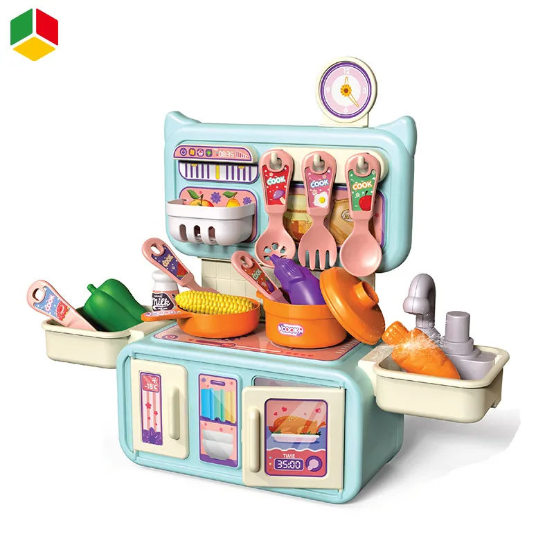 QS 2022 Игровой набор кухонных игрушек 14PCS Включенные аксессуары Стол для ролевых игр Коробка для хранения и функция распыления воды Игрушки для готовки
