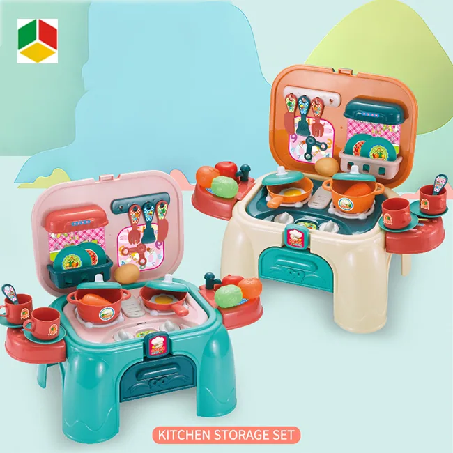 Новый товар QS Игрушка для детей Портативный стул Игрушка 26PCS Мини-кухонный стол Игровой набор кухонных игрушек с светом и звуком для детей