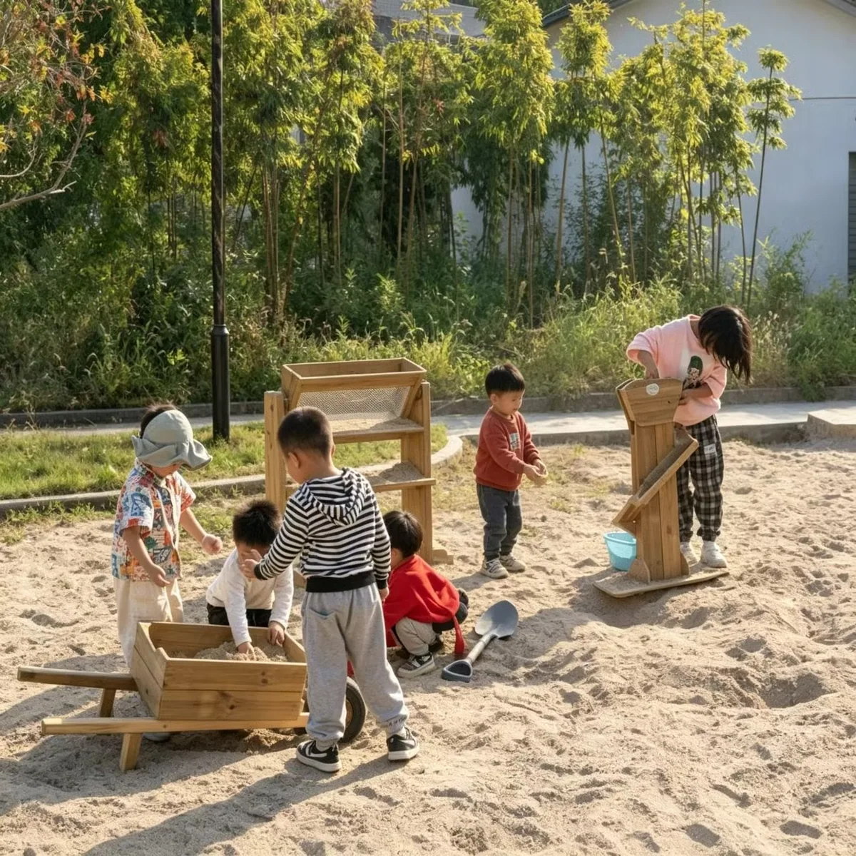 Уличное деревянное игровое оборудование для песка с тачкой
