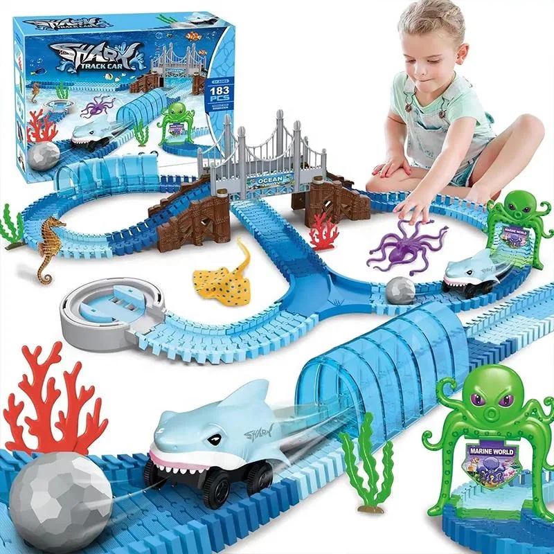 Игровой набор Ocean Stem с гибкой гоночной трассой для детей, электрическая гоночная трасса с машинкой-акулой