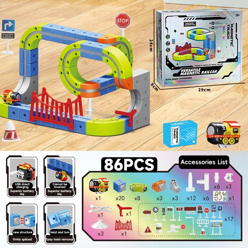 Электрическая игрушечная машина 80PCS Сборка магнитного рельсового поезда Магнитные игрушки STEM DIY Образовательные игрушки Конструктор для детей
