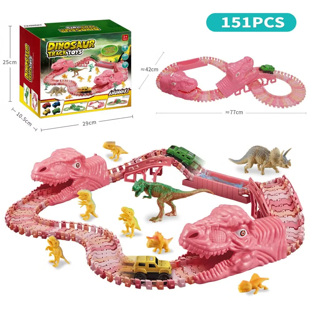 151PCS Игрушечный набор динозавров на батарейках с трассами для детей, гоночные образовательные игрушки, железнодорожные игрушки