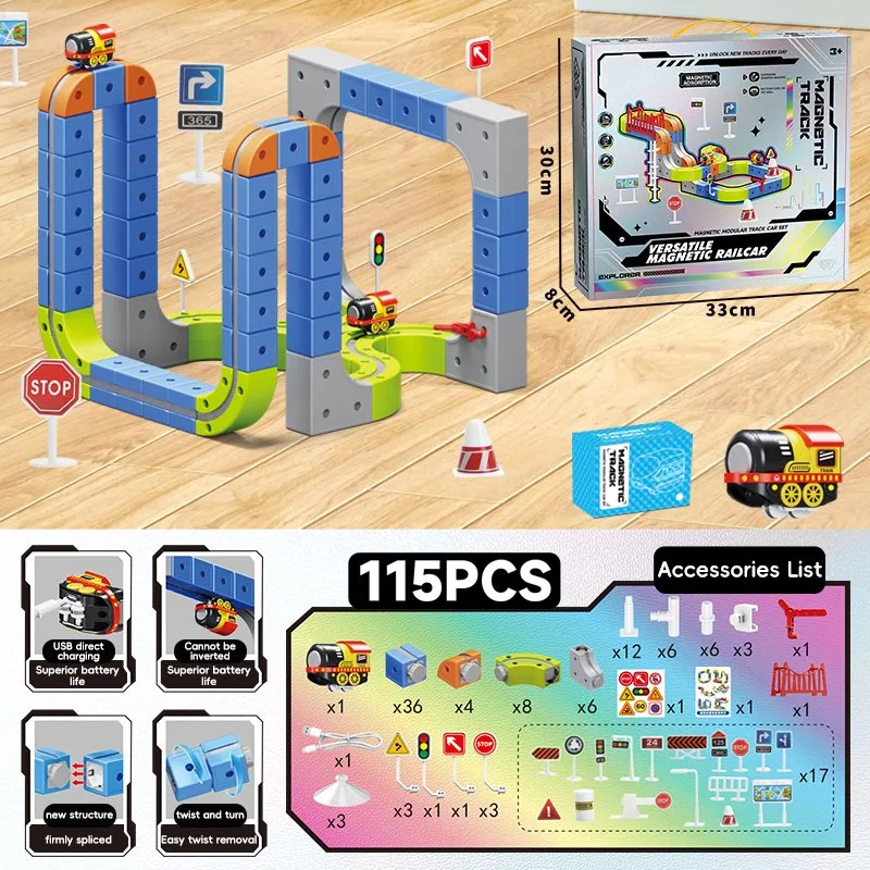 Электрические игрушки СДЕЛАЙ САМ Сплошной трек для машинки 115PCS Разнообразный магический трек Пластиковый магнитный рельсовый автомобиль Антигравитационный универсальный магнитный рельсовый