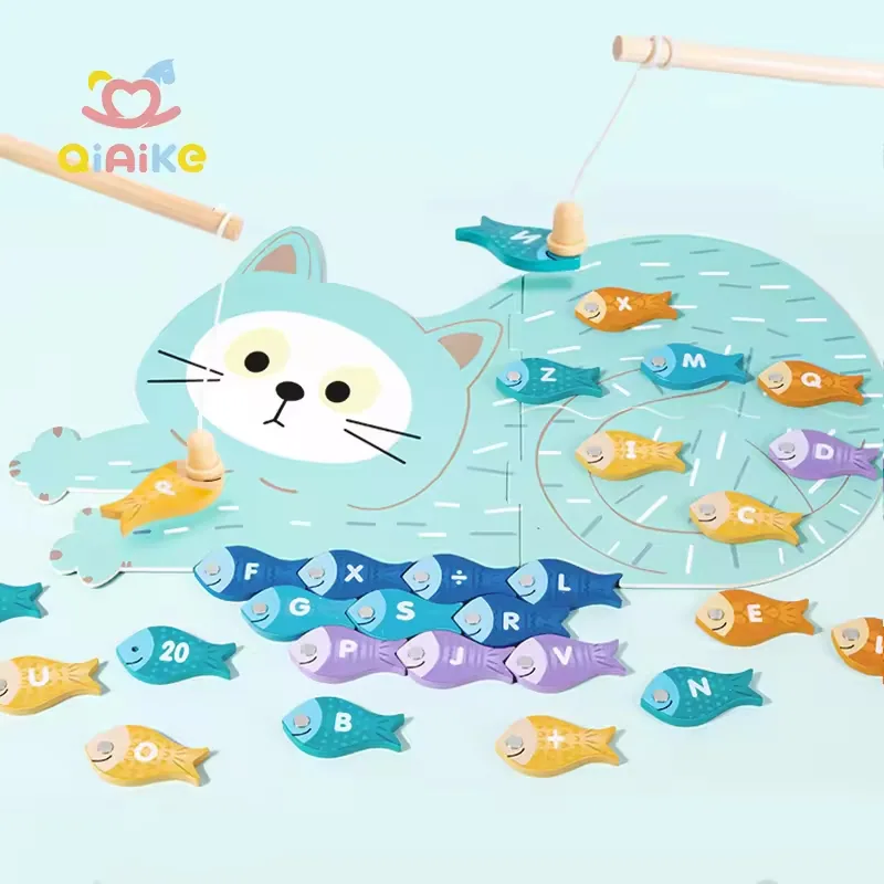Оптовые детские игрушки образовательный набор для рыбалки с котенком, головоломка в экологически чистом деревянном материале, без запаха