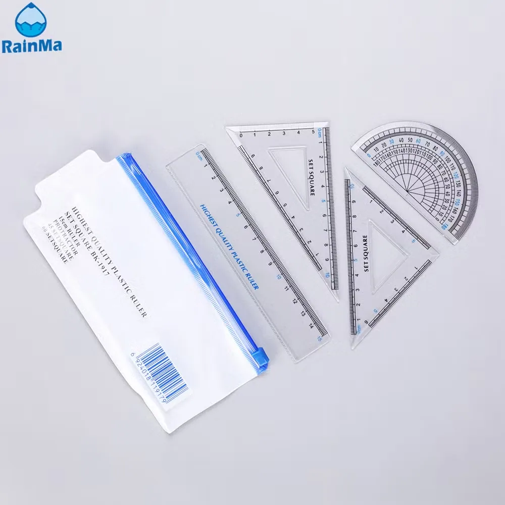 4PCS Набор пластиковых прозрачных канцелярских линейок с прямой линейкой, треугольником и транспортиром