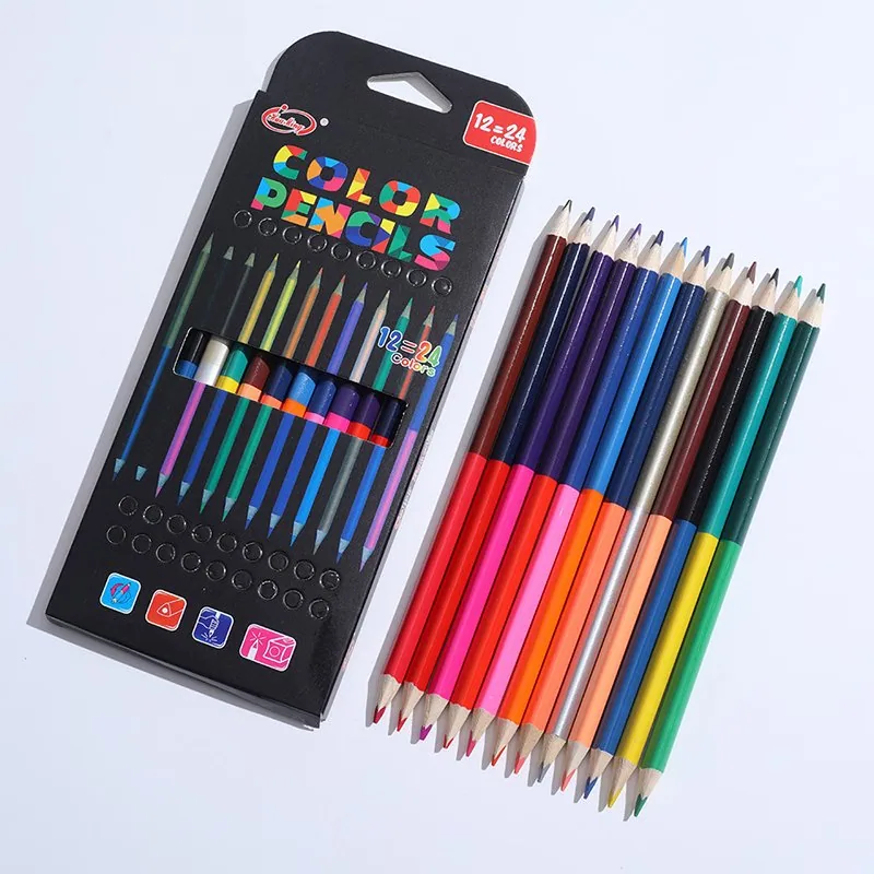 Оптовая цена 12PCS 24 Цветные двусторонние карандаши с индивидуальным логотипом