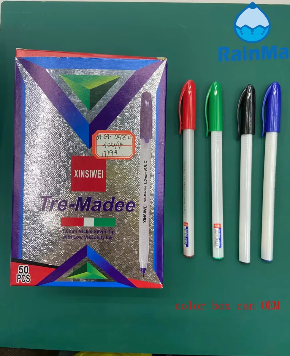 Оптовая 50PCS упаковка цветной коробки красного, синего, черного и зеленого 4 недорогая простая шариковая ручка для продвижения канцелярских товаров