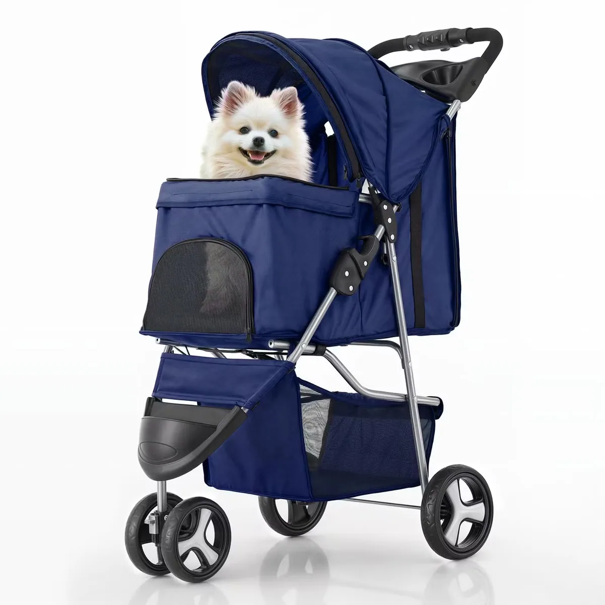 3-Wheel Складная коляска для домашних животных с защитным чехлом, корзиной для хранения, подстаканником и дышащей сеткой для собак и кошек