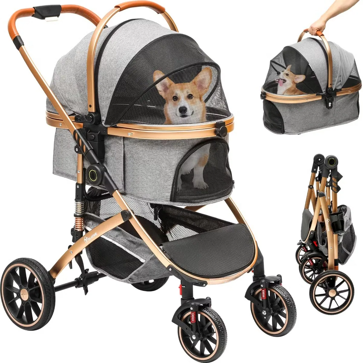 3-in-1 Коляска для домашних животных, однонажатное складывание, для кошек и собак, с съемным переносным контейнером, корзиной, подстаканником, съемной сумкой, автокреслом, серый