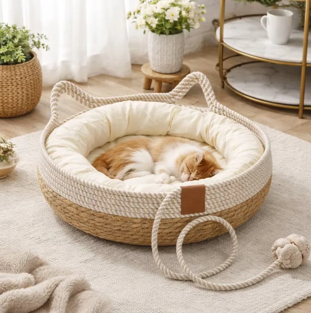 Теплый прочный экологически чистый домик для домашних животных, woven из натуральной тростниковой травы, кровать для кошек