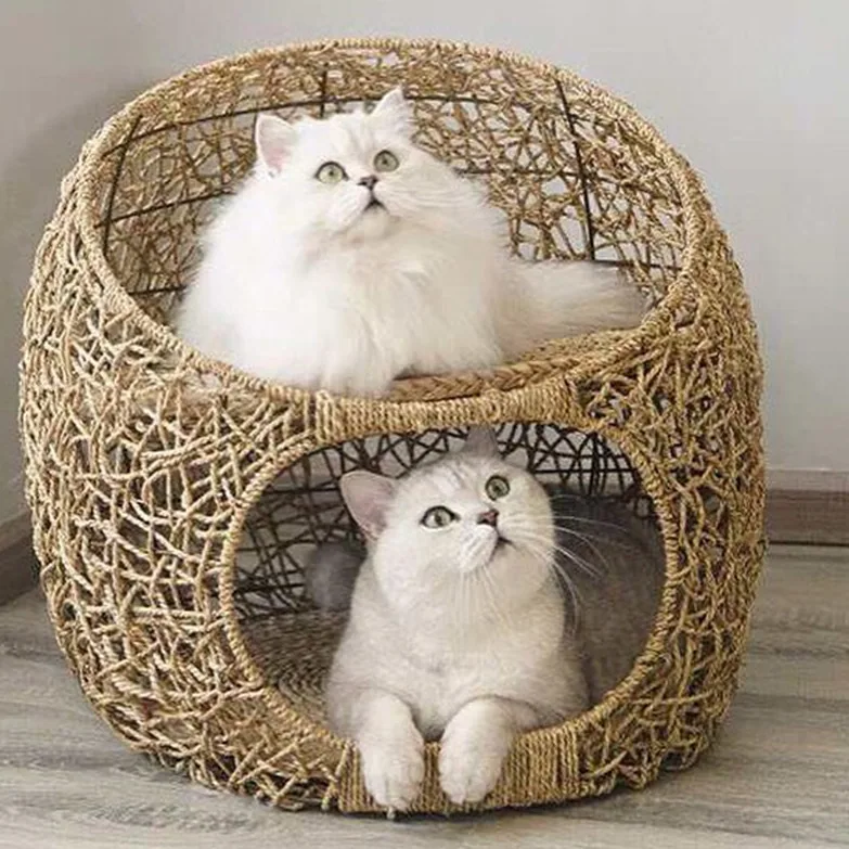 Натуральное плетеное корзина для домашних животных с подушкой для кошек