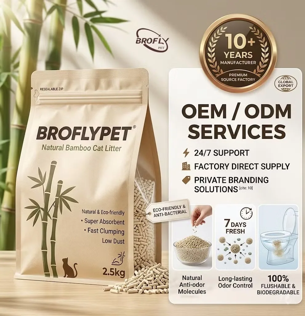 OEM ODM Поставщик для домашних животных Без запаха Премиум Натуральный растительный бамбуковый комкующийся наполнитель для кошек Без пыли 5X Супер впитывающий Смываемый Биодеградируемый Экологически