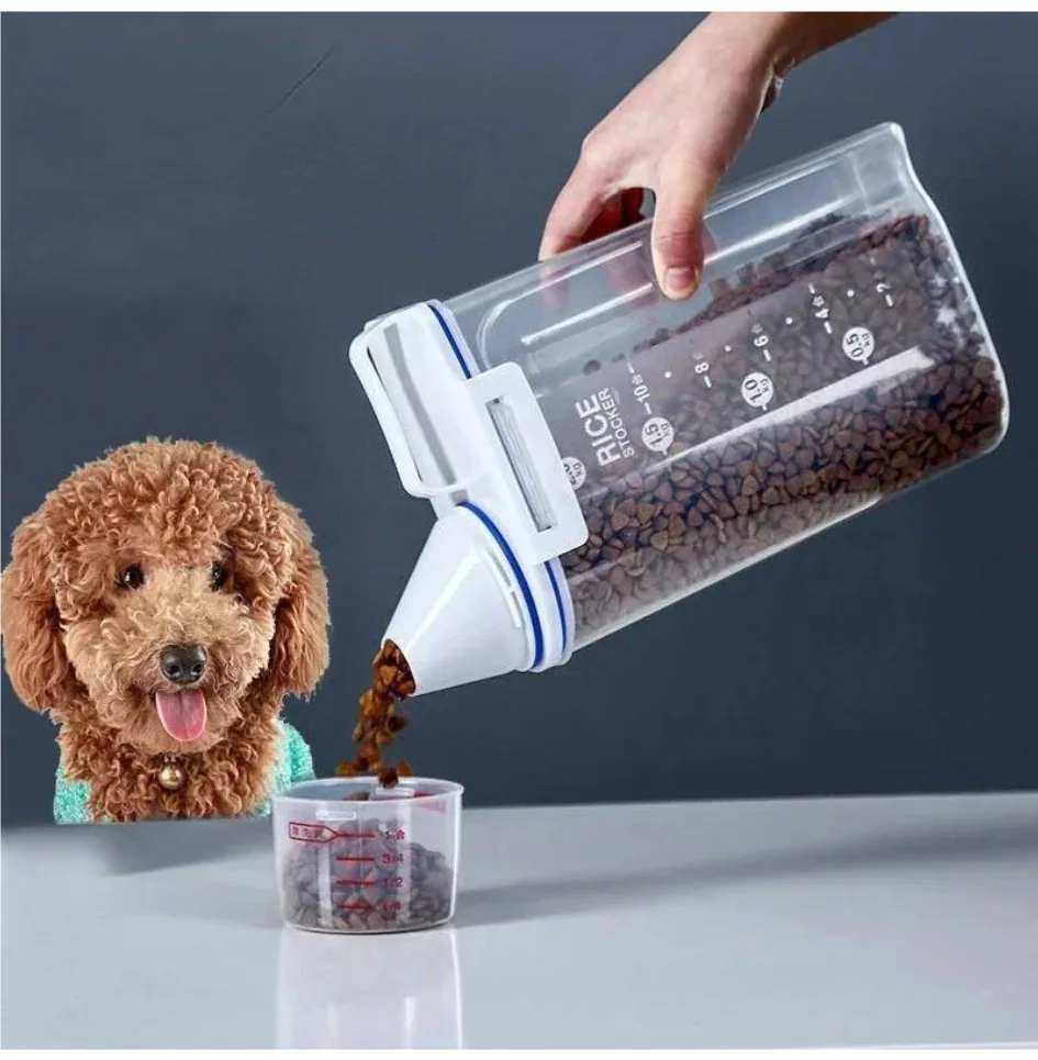 1.5kg2kg Пластиковый контейнер для хранения корма для собак и кошек с мерным стаканом, герметичная банка, влагозащитная, аксессуары для домашних животных