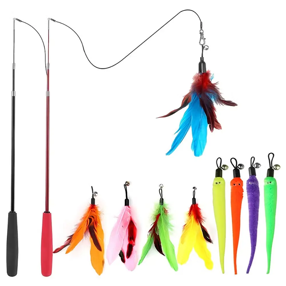 Three-Section Retractable Cat-Teasing Wand 13-Piece DIY Replacement Head Feather Cat-Teasing Wand
