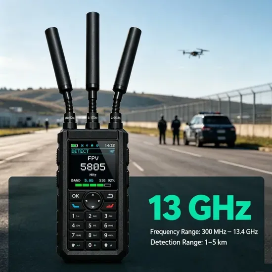 13.4GHz Портативный радиочастотный детектор дронов 5km Диапазон обнаружения для аналоговых и цифровых сигналов FPV