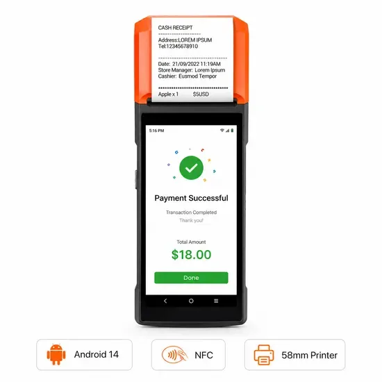 R330 Плюс Android 14 Gms Портативный POS-терминал с 58mm Принтером NFC 4G WiFi Мобильное платежное устройство