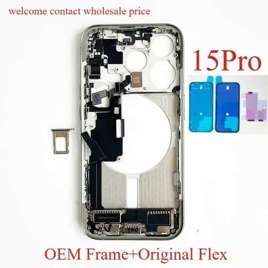 Полный корпус средней рамки для iPhone 15 PRO с гибким кабелем громкости и питания сбоку