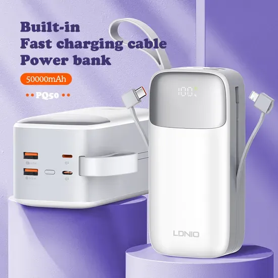 Лднио Pq50 50000mAh Портативный аккумулятор с быстрой зарядкой, встроенный 4 в 1 кабель Micro USB Type-C Lightning, мобильный аккумулятор, OEM ODM оптовый агент