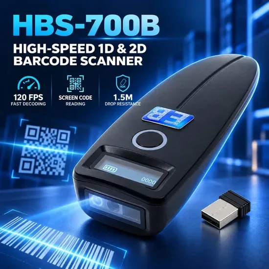 HBS-700B Портативный беспроводной 2D сканер штрих-кодов с экраном Bluetooth 2.4G ручной считыватель QR-кодов для POS