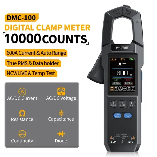 Фниси DMC-100 DC AC Токовый клещ 10000 Цифровой мультиметр с USB зарядкой 600A Амперметрические клещи для электриков