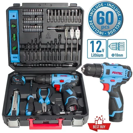 Фикстек Электроинструменты Аккумуляторная Дрель 12V Комплект Дрели с 60PCS Аксессуарами