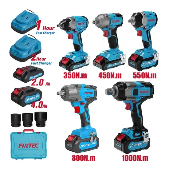 Фикстек OEM 20V Бесщеточный аккумуляторный ударный ключ 350/450/550/800/1000nm 1/2" Набор высокомоментного ключа для автомобилей и грузовиков, сертифицированный CE