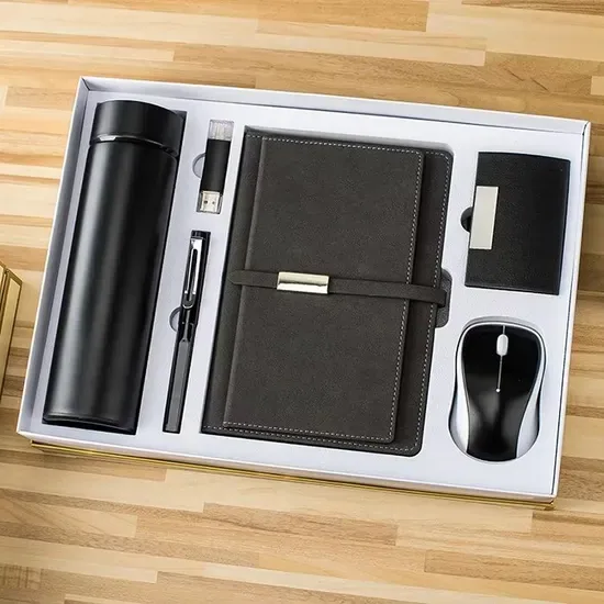 Горячая продажа индивидуального логотипа A5 Блокнот+Вакуумный термос+USB флешка+Ручка+Динамик+Беспроводная мышь Роскошный подарочный набор для бизнеса