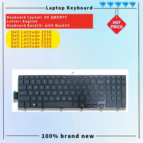 Клавиатура для ноутбука DELL Latitude 3550 3560 3570 3580 3588 5545 5558 7559 с подсветкой, новая замена, американская клавиатура