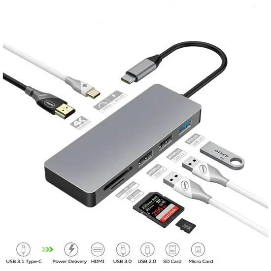 7 в 1 адаптер USB C с HDMI, многофункциональный хаб