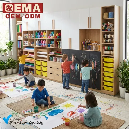 Многофункциональный деревянный шкаф для хранения и демонстрации EMA, изготовленный на заказ, для малышей, детских садов, яслей и художественных комнат дошкольных учреждений, для рисования детьми