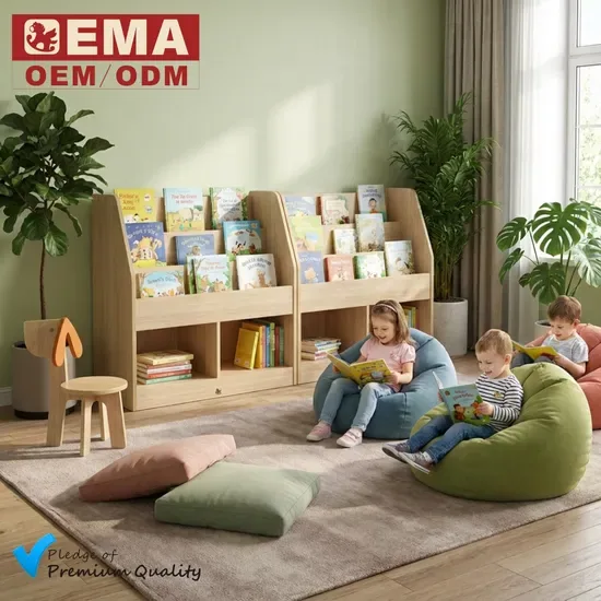 Кастомизированный деревянный книжный шкаф EMA, детская книжная полка для детского сада, дошкольного учреждения, библиотеки, классной комнаты и читального зала, для малышей