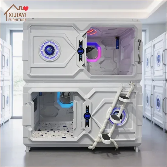 Коммерческая капсульная двухъярусная кровать для молодежного хостела с горизонтальными раздвижными дверями и вертикальными распашными дверями, материал АБС с средним высоким уровнем огнестойкости