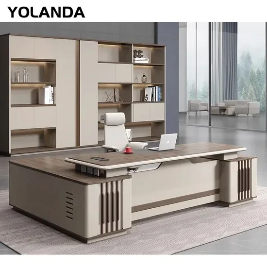 Генеральный директор Yolanda Furniture Современный деревянный письменный стол L-образной формы Роскошный исполнительный рабочий стол и комплект стульев Офисные столы