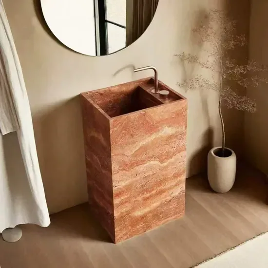 Натуральная красная травертиновая pedestal раковина, отдельно стоящая, из цельного камня, для ванной комнаты виллы или отеля