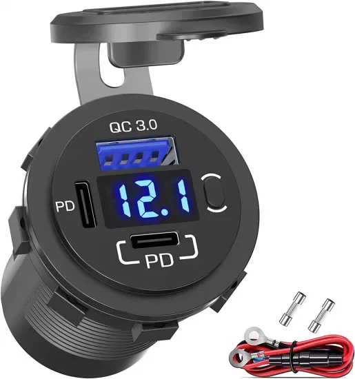 2V USB Розетка Qidoe USB C Автомобильное Зарядное Устройство Двойное 12V USB-C Pd 20W & 18W QC3.0 Автомобильный Порт USB с Вольтметром Кнопка Переключения Удлиненная Водонепроницаемая USB Розетка